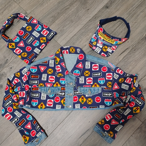 Jean Cropped Traffic Signs Pattern SnapBack Purse Set M Halloween AdultCostume - Picture 6 of 12